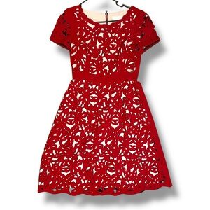 Anthropologie Moulinette Soeurs Aliz Laser Cut Red and Nude Dress